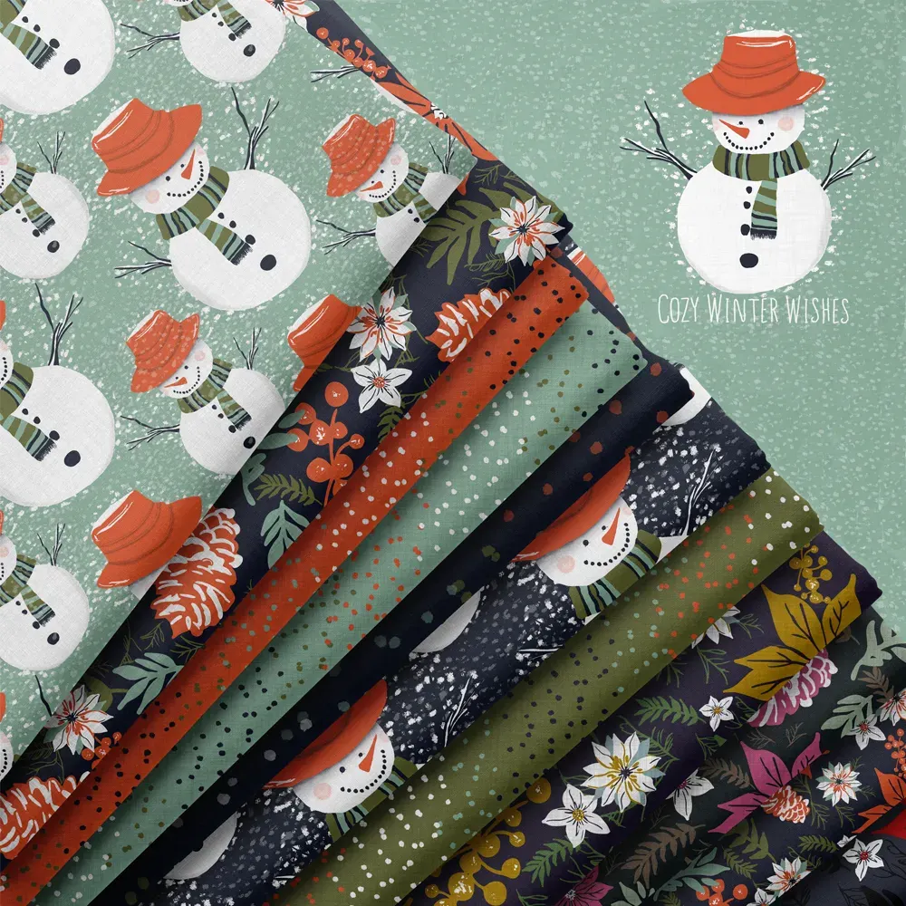 Cozy Winter Wishes surface pattern collection featuring cheerful snowmen, winter florals, snowy textures, and coordinating prints in soft mint, navy, olive, rust, and festive seasonal tones by Brayberry Design.