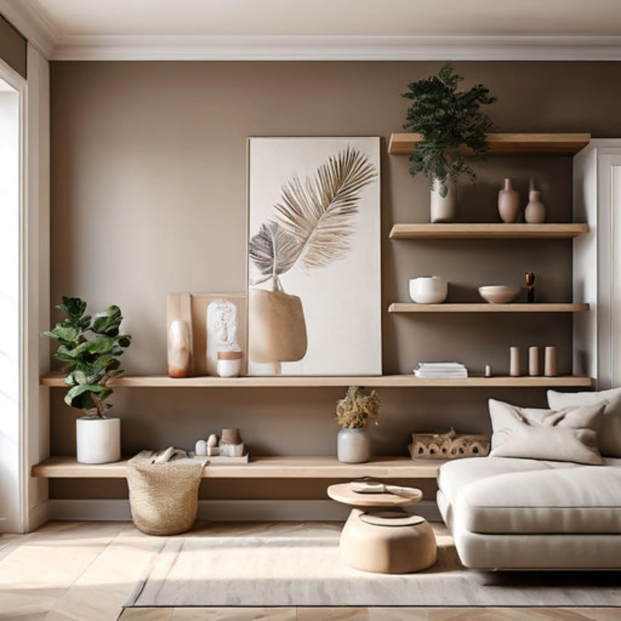 Neutral color palette with modern shelves and subtle decor