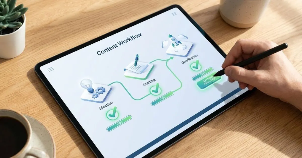 An automated content workflow on a tablet screen showing efficient AI processes.