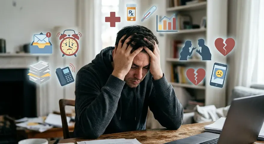 A person sitting with their head in their hands while symbolic icons representing work, health, and relationships surround them, illustrating mental stress.