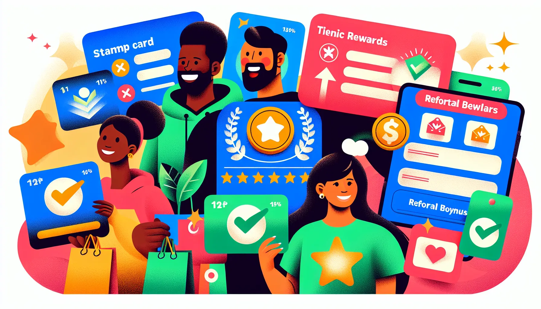 Illustration featuring diverse individuals engaging with loyalty rewards, stamp cards, and referral programs. The vibrant scene illustrates how a loyalty program encourages sales and customer loyalty through points, discounts, and achievements. Various icons emphasize repeat purchases and effective loyalty incentives in a lively color scheme.