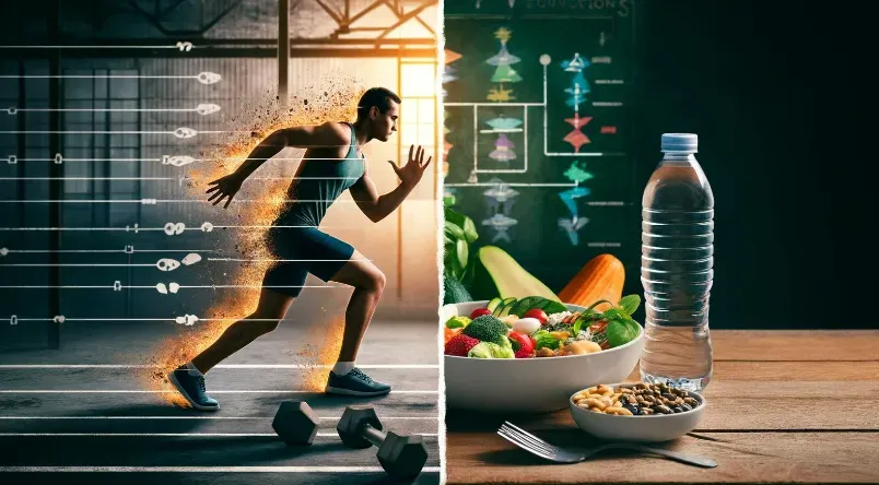 A split screen image of a man running on one side and a water bottle and healthy food on the other side.