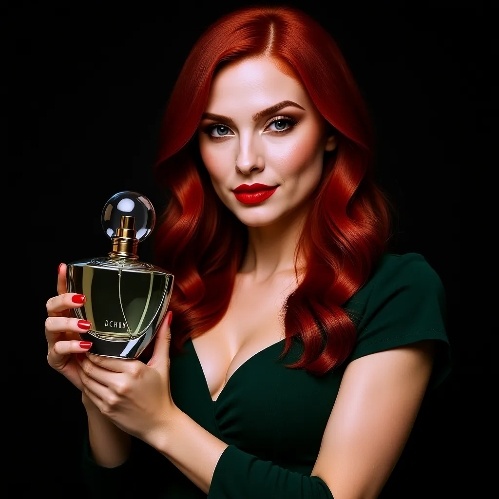 Red headed woman wearing a green dress holding a perfume bottle