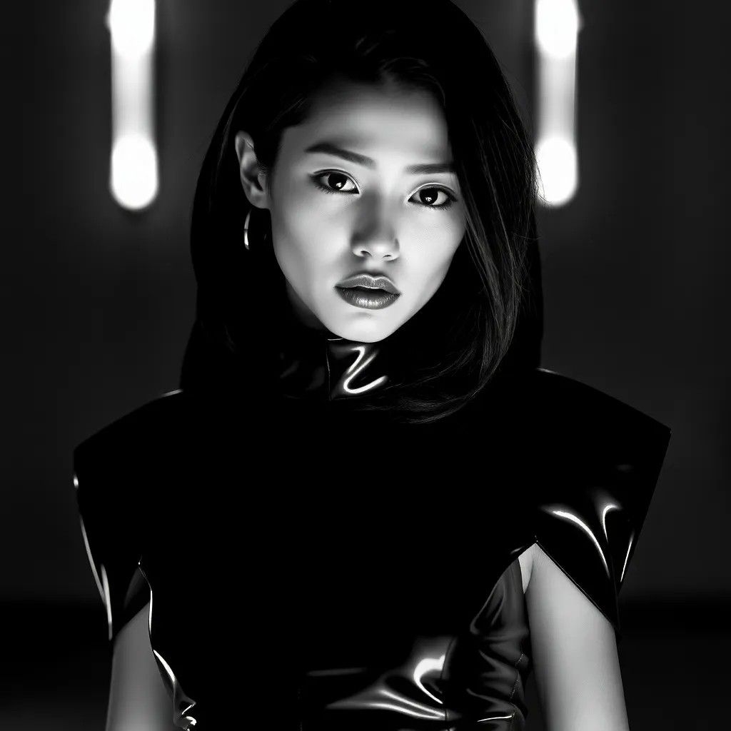 Asian female model wearing a black shiny top