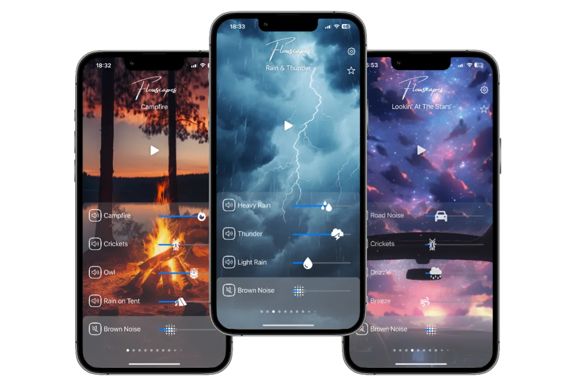 Three iPhone screens showing the Flowscapes soundscape mixer: Campfire, Rain & Thunder, and Looking at the Stars.