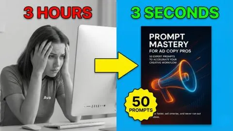 Split screen showing a stressed marketer vs. a happy marketer using AI prompts.