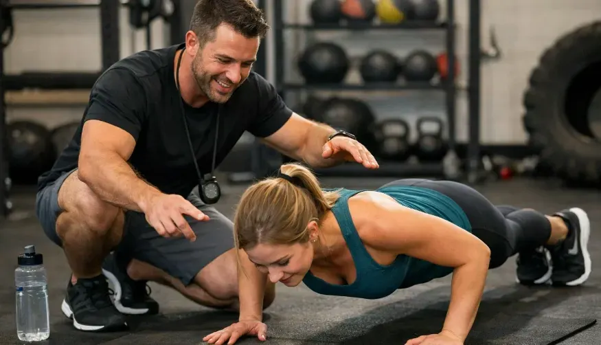 Personal trainer guiding a beginner through proper push-up technique