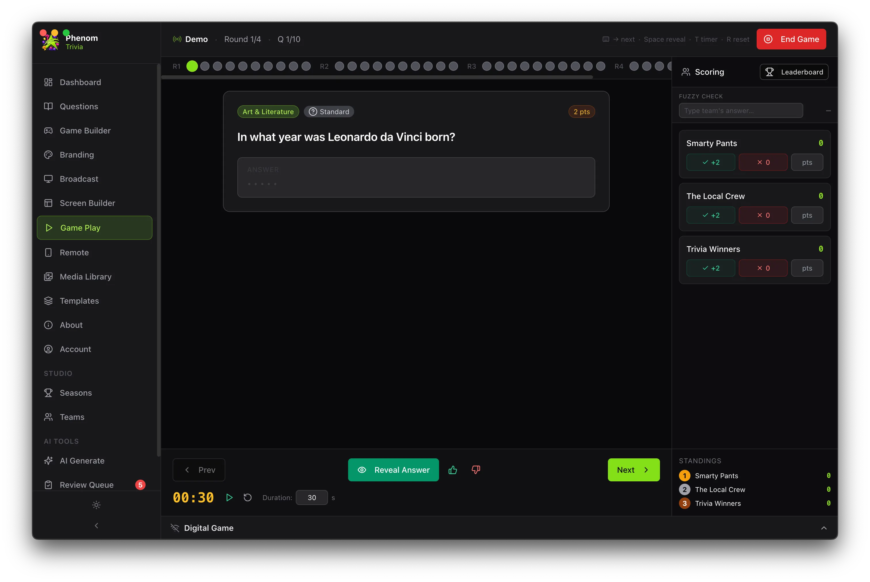 phenom trivia game play dashboard for seemless game flow