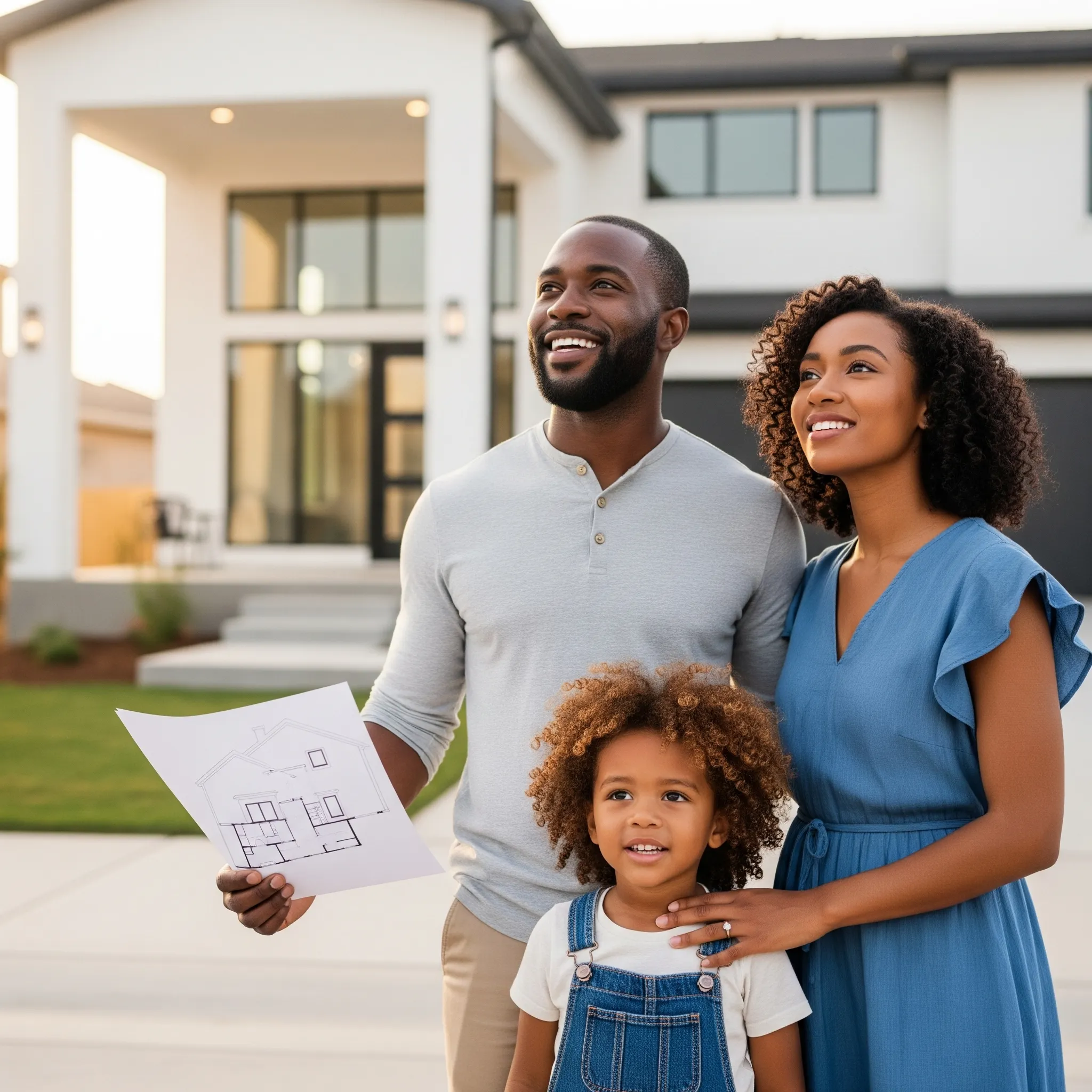 Diverse family confidently planning their new build home in Australia, looking forward to a stress-free construction journey with expert guidance.