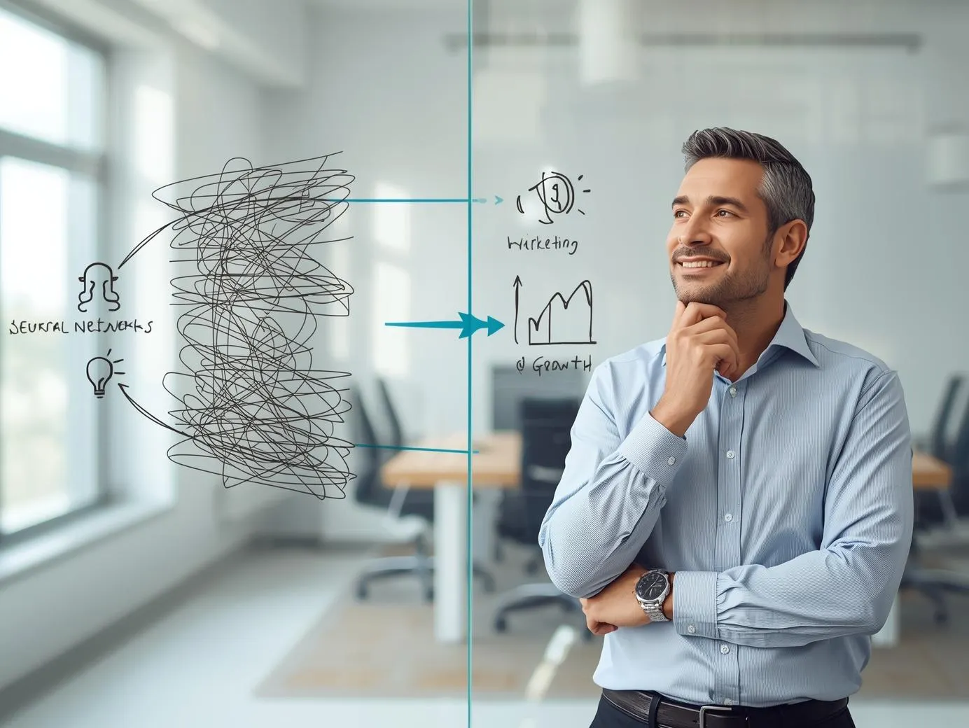 An entrepreneur in a modern office looking at a whiteboard that simplifies complex AI jargon into a clear and simple business growth flowchart.