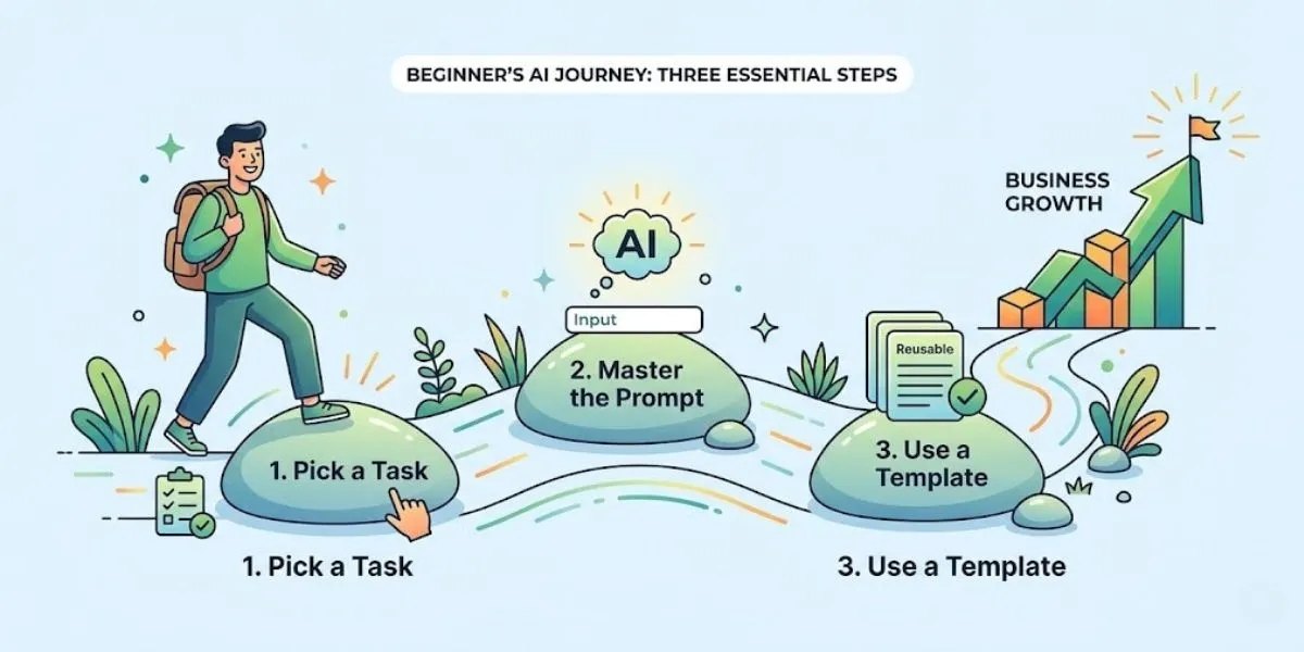 A 3-step path graphic showing how a beginner can start their artificial intelligence learning journey by choosing a task and mastering AI prompts.