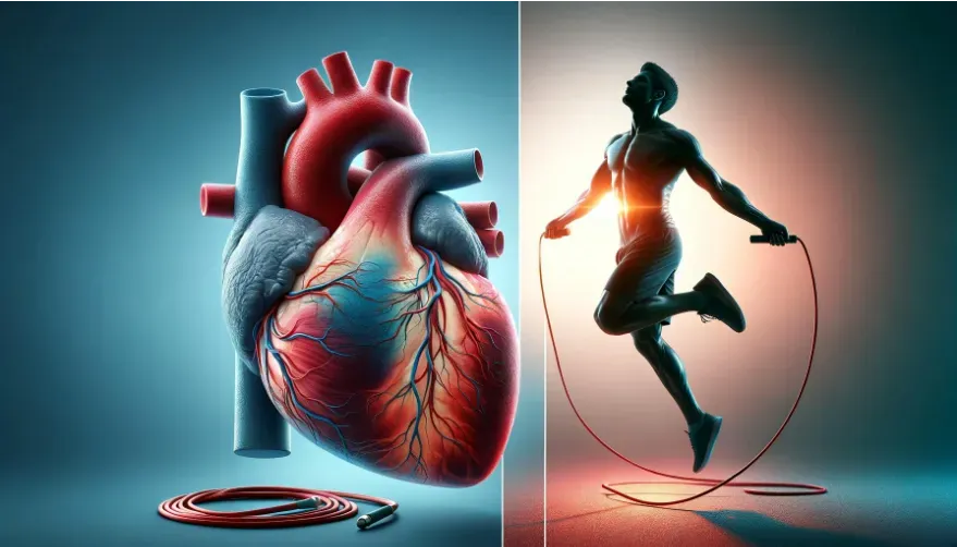 A model of a heart with a man jumping rope next to it. Represents cardiovascular health.