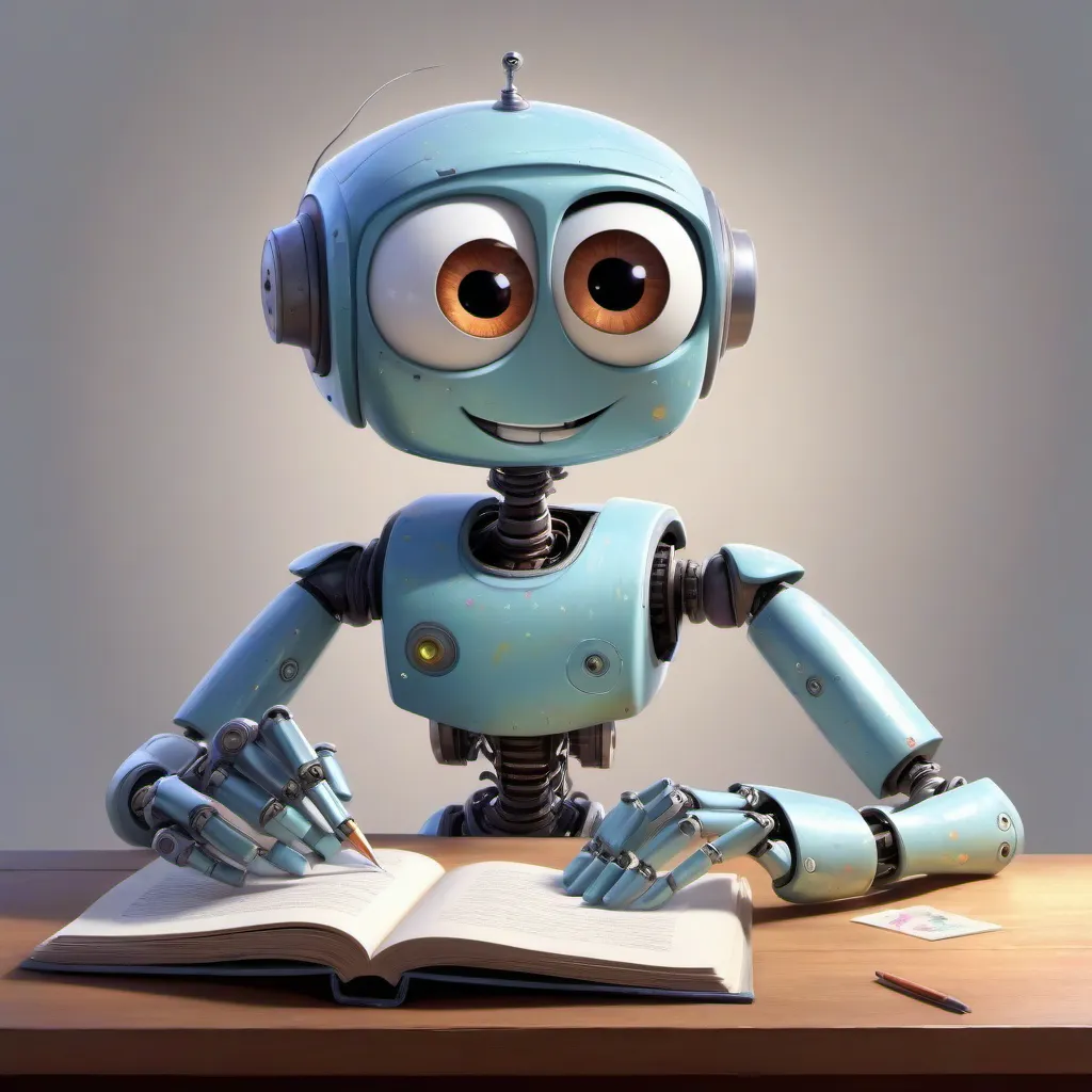 Robot writing a book and smiling 