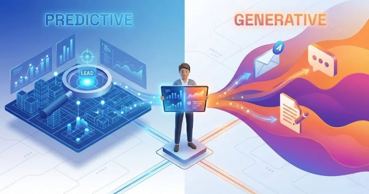  Illustration comparing predictive data analysis and generative ai marketing content creation.