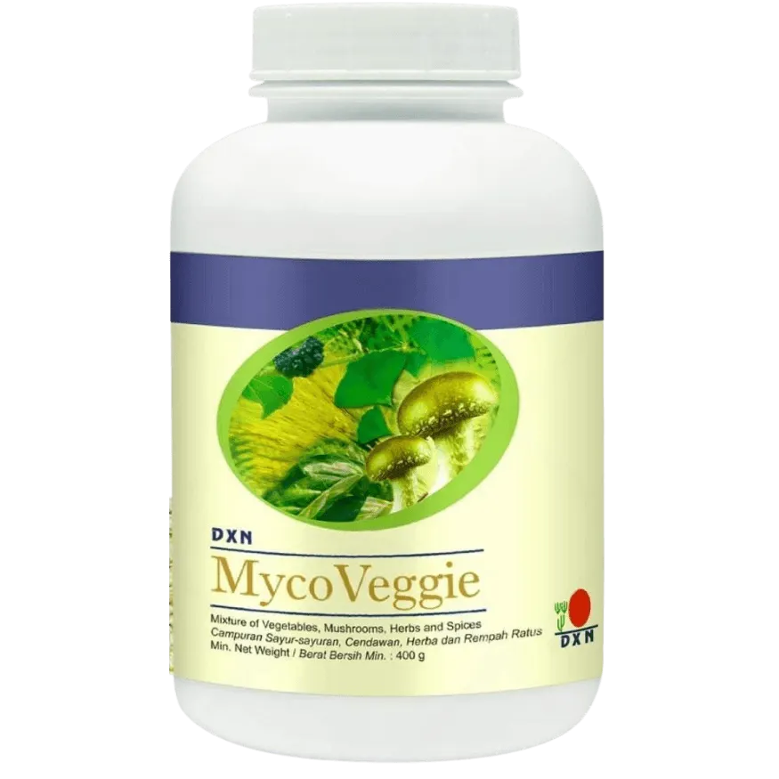 Envase de MycoVeggie de DXN, una mezcla de fibra dietética con hongos y vegetales para apoyar la limpieza digestiva.