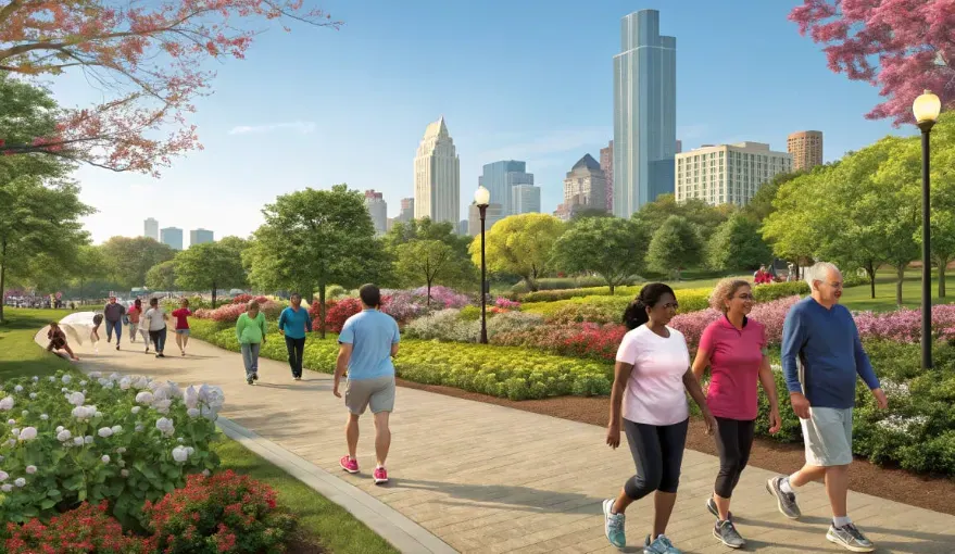 A group of diverse individuals engaging in a brisk walk through a vibrant park setting