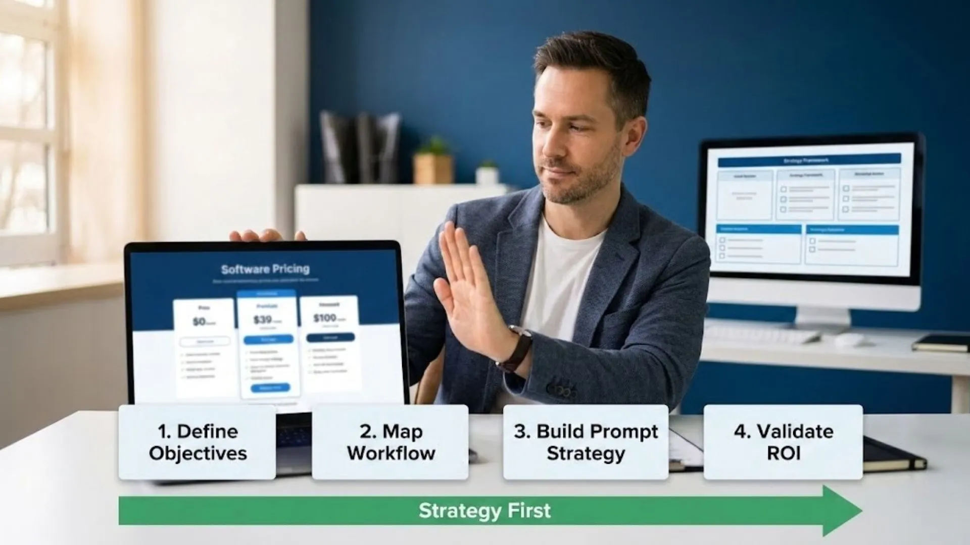 Solopreneur choosing strategy-first approach before buying software for their solopreneur marketing ai system 