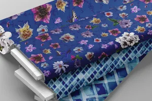 bold bright blue floral fabric mockup