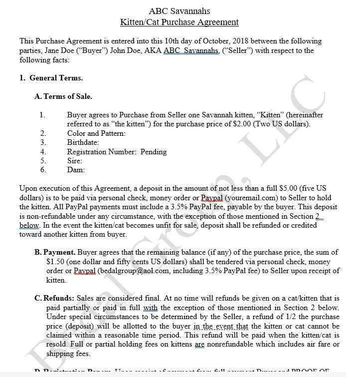 Pet Purchase Agreement