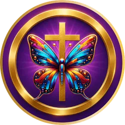 Circular faith-inspired butterfly emblem featuring a vibrant blue, orange, and purple butterfly centered over a gold Christian cross. The design is framed by a metallic gold ring on a rich purple background, symbolizing transformation, faith, purpose, renewal, and spiritual growth. The colorful butterfly represents personal transformation and wellness, while the cross reflects a Christ-centered foundation for health, hope, and restoration.