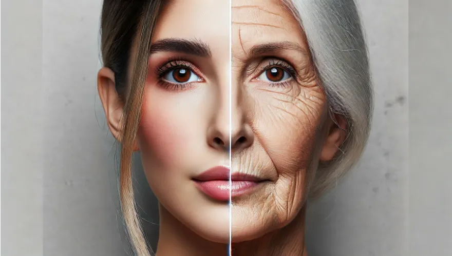 A split screen of womans face. One side is old and the other side is young.