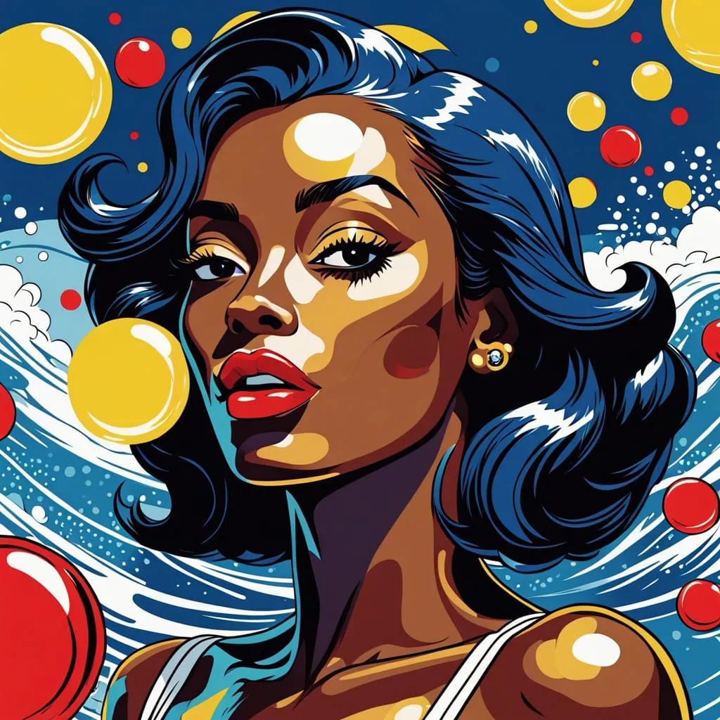Pop art image of Black woman surrounded by red and gold bubbles