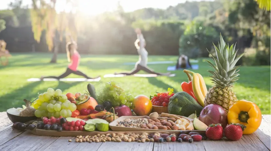 A serene scene at a health retreat with people practicing yoga on a sunny morning in a lush, green landscape. Nearby, there is a colorful and inviting spread of nutritarian foods, including fresh fruits, vegetables, nuts, and seeds, arranged artfully on a rustic table.