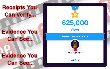 VidIQ badge showing 625K YouTube views as proof of digital presence.