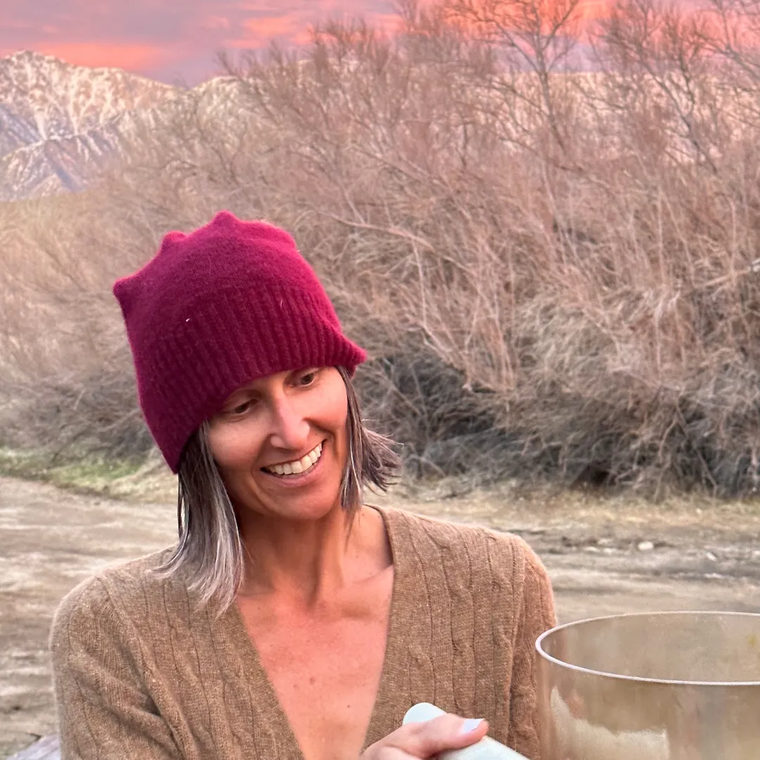 Dawn Playing Crystal Bowls in front of mountains in Mammoth Lakes, CA