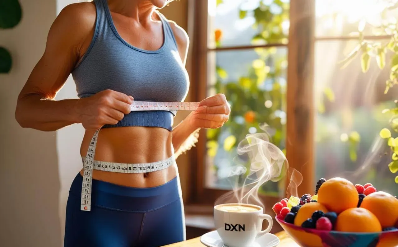 Un plan de control de peso saludable basado en la Ganoterapia DXN, combinando una dieta equilibrada con productos de apoyo como el café Lingzhi.