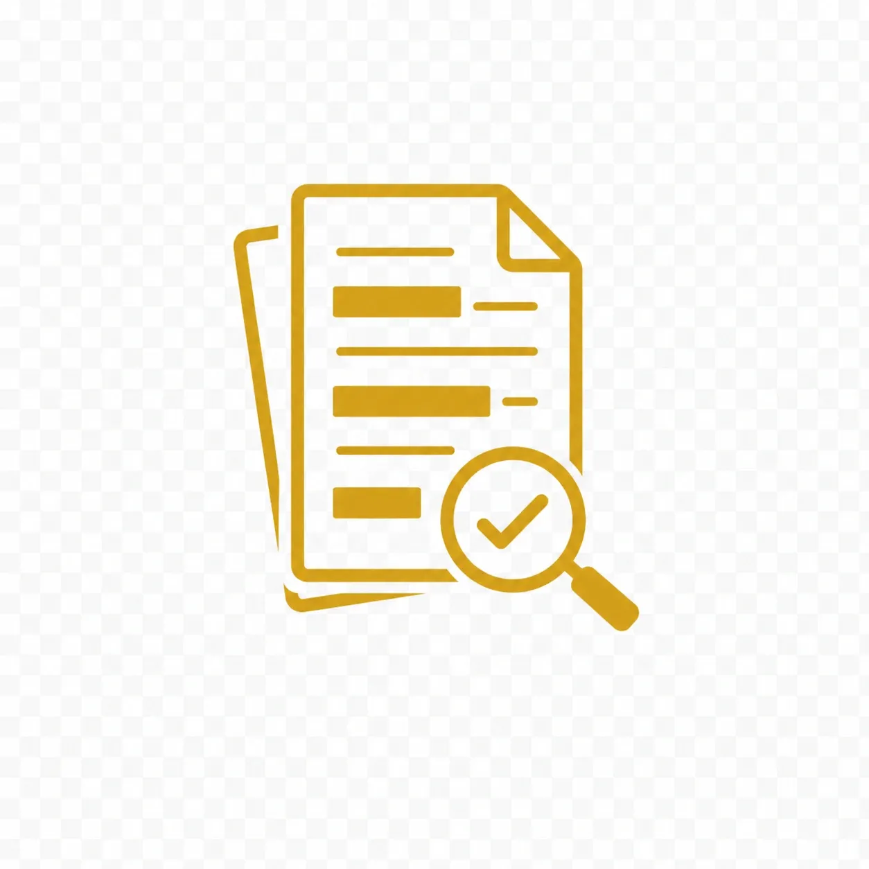 Gold document review icon showing redacted paperwork with a magnifying glass and check mark for educational paperwork assessment.