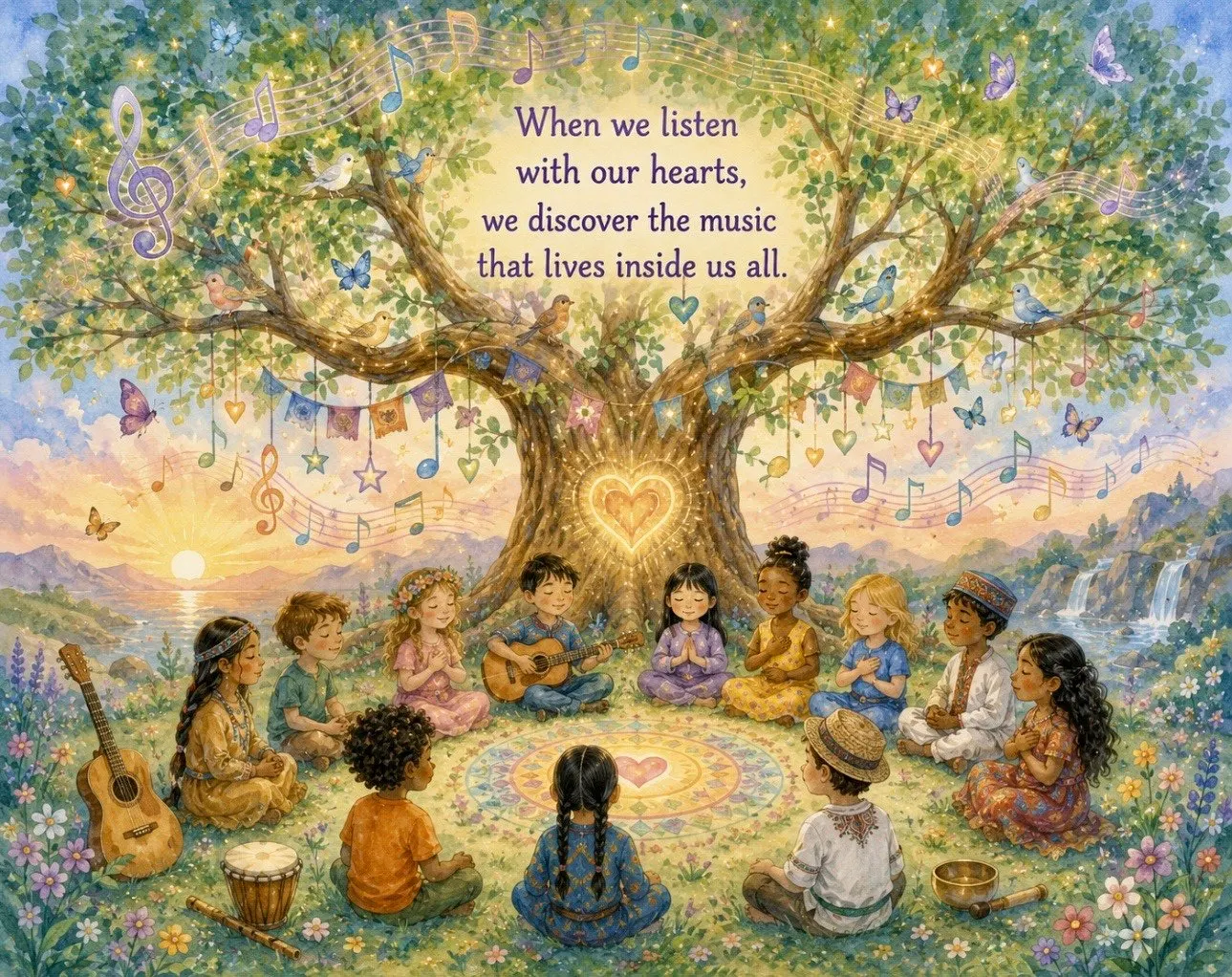 Illustration of children from many cultures sitting in a circle beneath a glowing tree filled with music notes