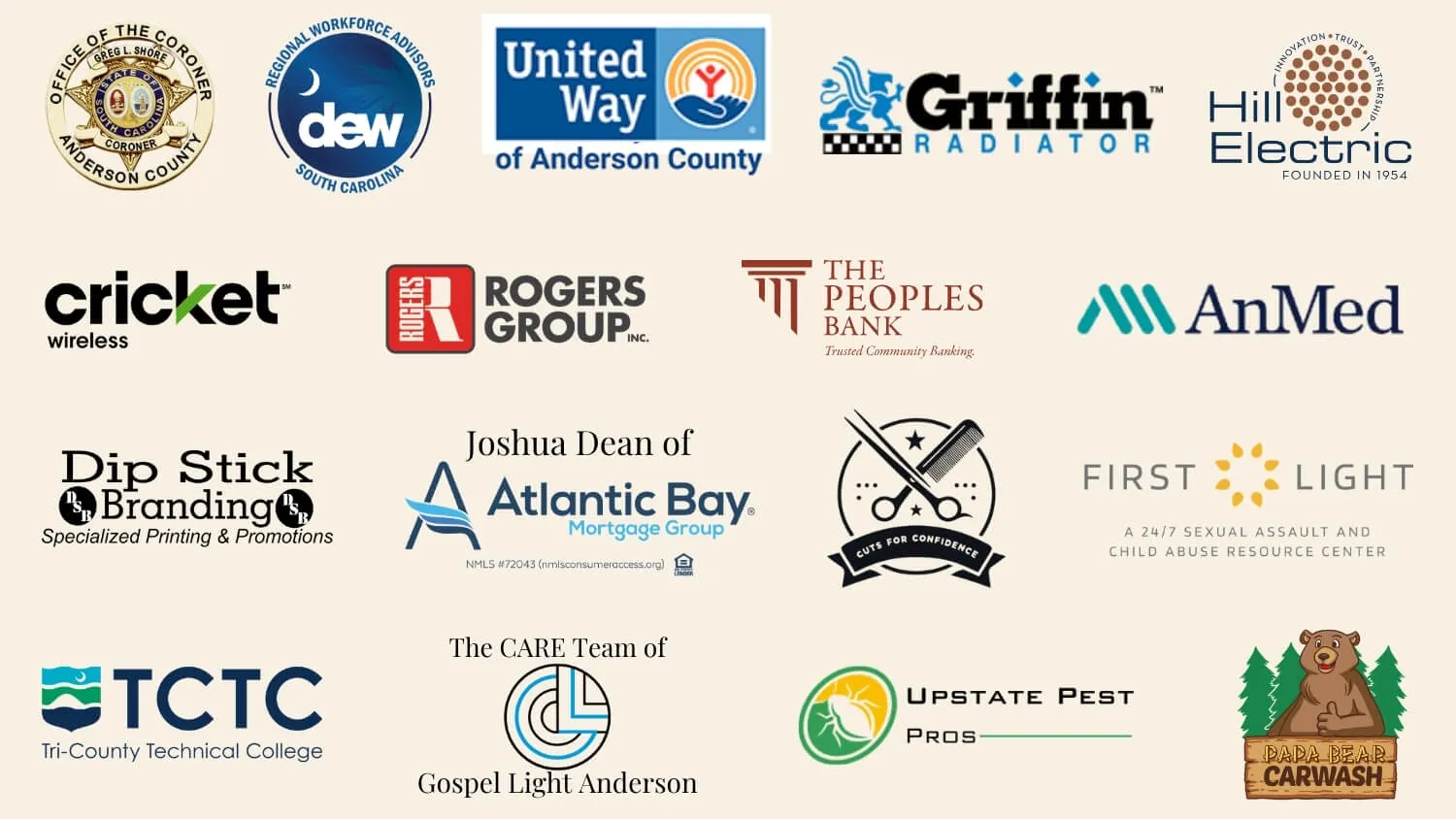 Logos of community partners, sponsors, and donors supporting The Value Village Collective: Anderson County Coroner, Regional Workforce Advisors, United Way Anderson County, Griffin Radiator, Hill Electric, Cricket Wireless, Rogers Group, The Peoples Bank, AnMed, Dip Stick Branding, Atlantic Bay Mortgage Group, Cuts for Confidence, FirstLight, Tri-County Technical College, Gospel Light Anderson, Upstate Pest Pros, and Papa Bear Car Wash.