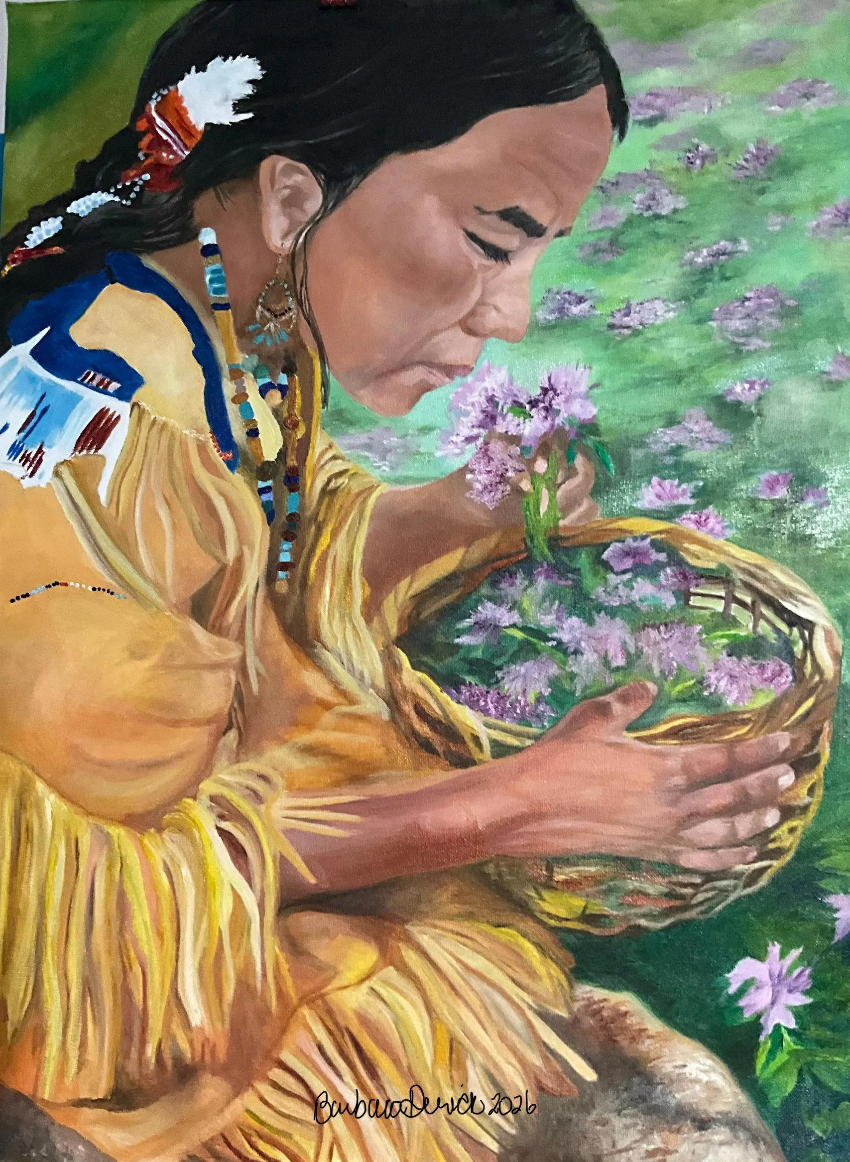 Indigenous woman painting titled: Medicine Woman by Barbara Derrick