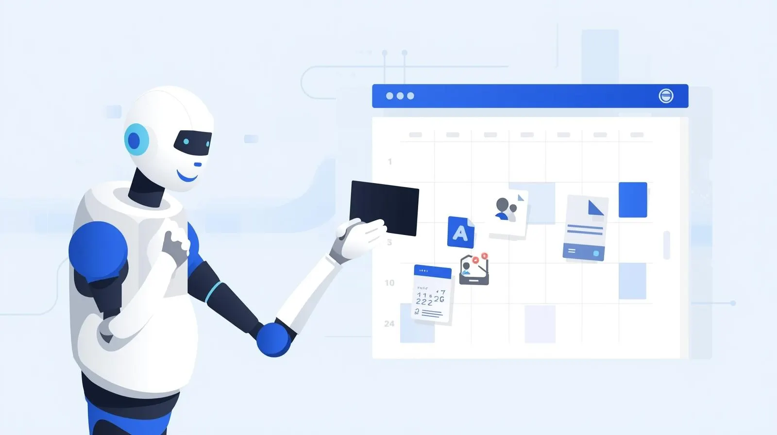 A graphic showing AI social media tools being used to automatically organize and populate a monthly content calendar.