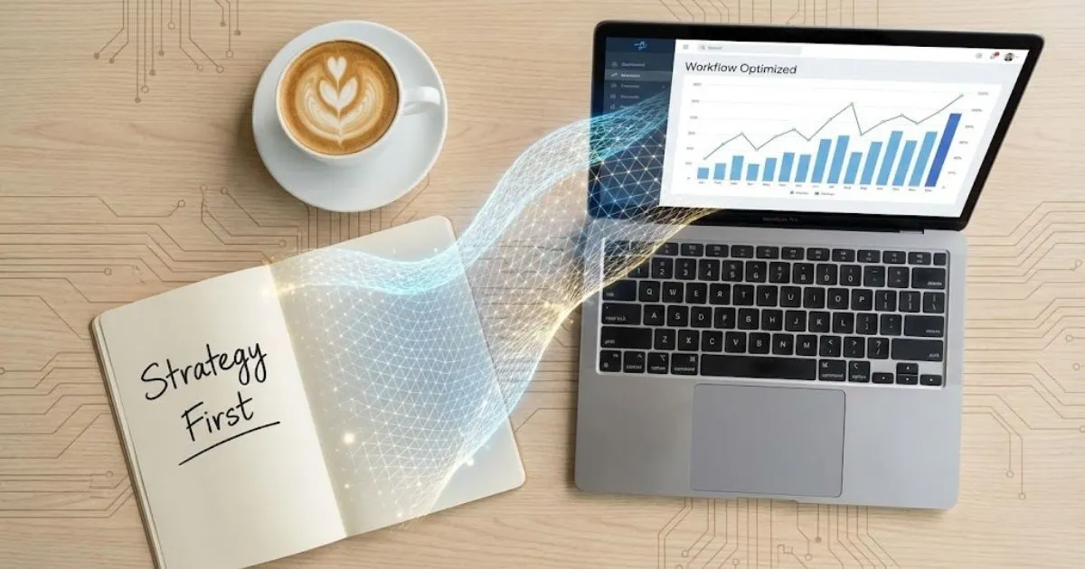 Modern workspace showing digital marketing strategy planning on a laptop and notebook.