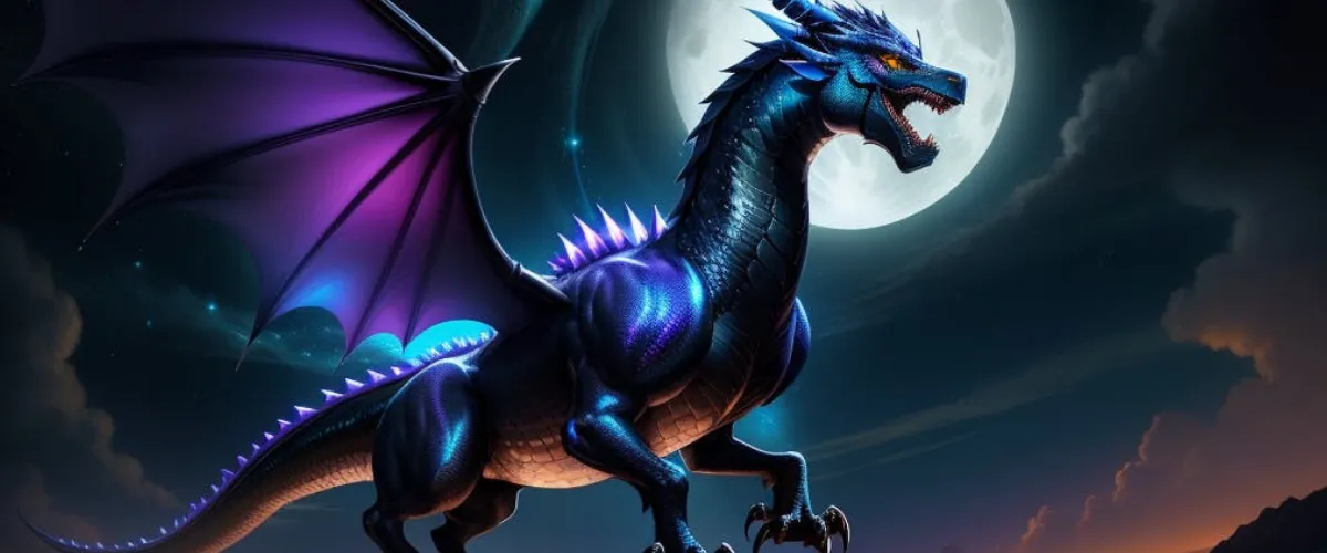 Black dragon at moonlight, purple wings