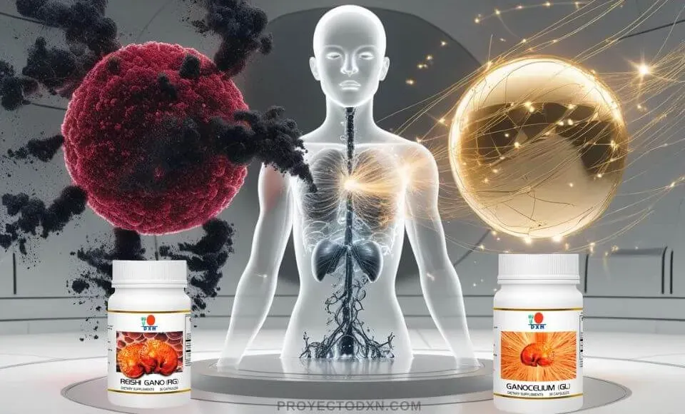 Ilustración conceptual de RG (desintoxicación) y GL (equilibrio) de DXN trabajando en sinergia para apoyar el cuerpo según los principios de la Ganoterapia.