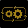 icon depicting gears and arrows circling as to depict a recycle or repurpose retro-fit or repair in black and gold depicting an engineering service