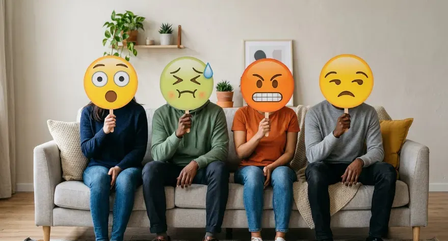 Four people sitting side-by-side on a couch hold large circular emoji faces in front of their heads, hiding their identities. Each emoji represents a different emotion