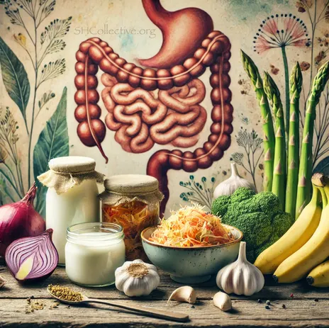 A vibrant display of gut-friendly foods like kimchi, yogurt, garlic, and asparagus, symbolizing digestive health and longevity.