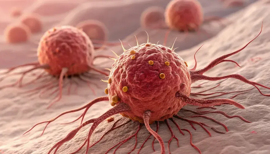 This image is a highly detailed, close-up 3D medical illustration of cancer cells. The cells appear in a reddish hue with an irregular, aggressive structure, showcasing their invasive nature.