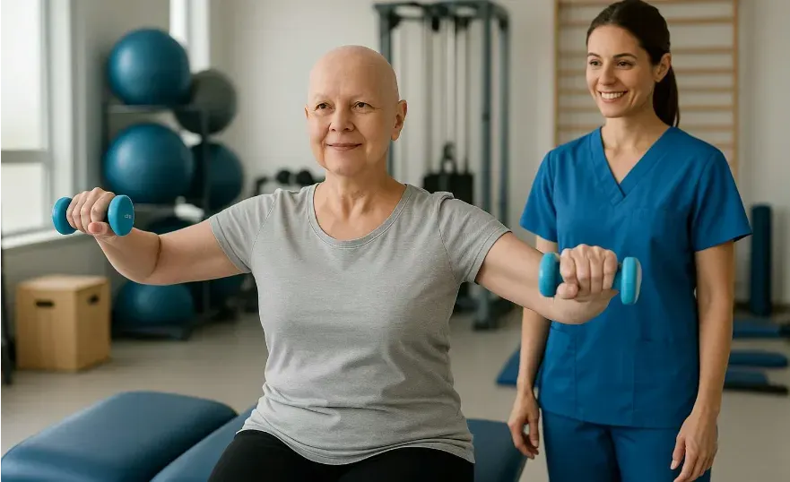 Cancer survivor exercising under supervision during recovery.