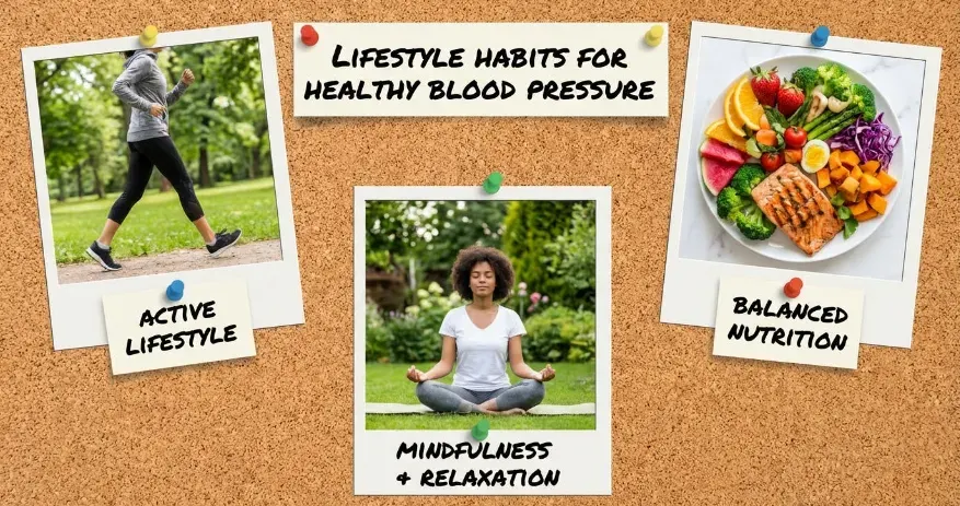 Collage of lifestyle habits that help reduce blood pressure including exercise, healthy diet, and stress management.