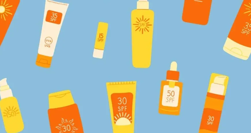 Different types of sunscreen with a blue background.