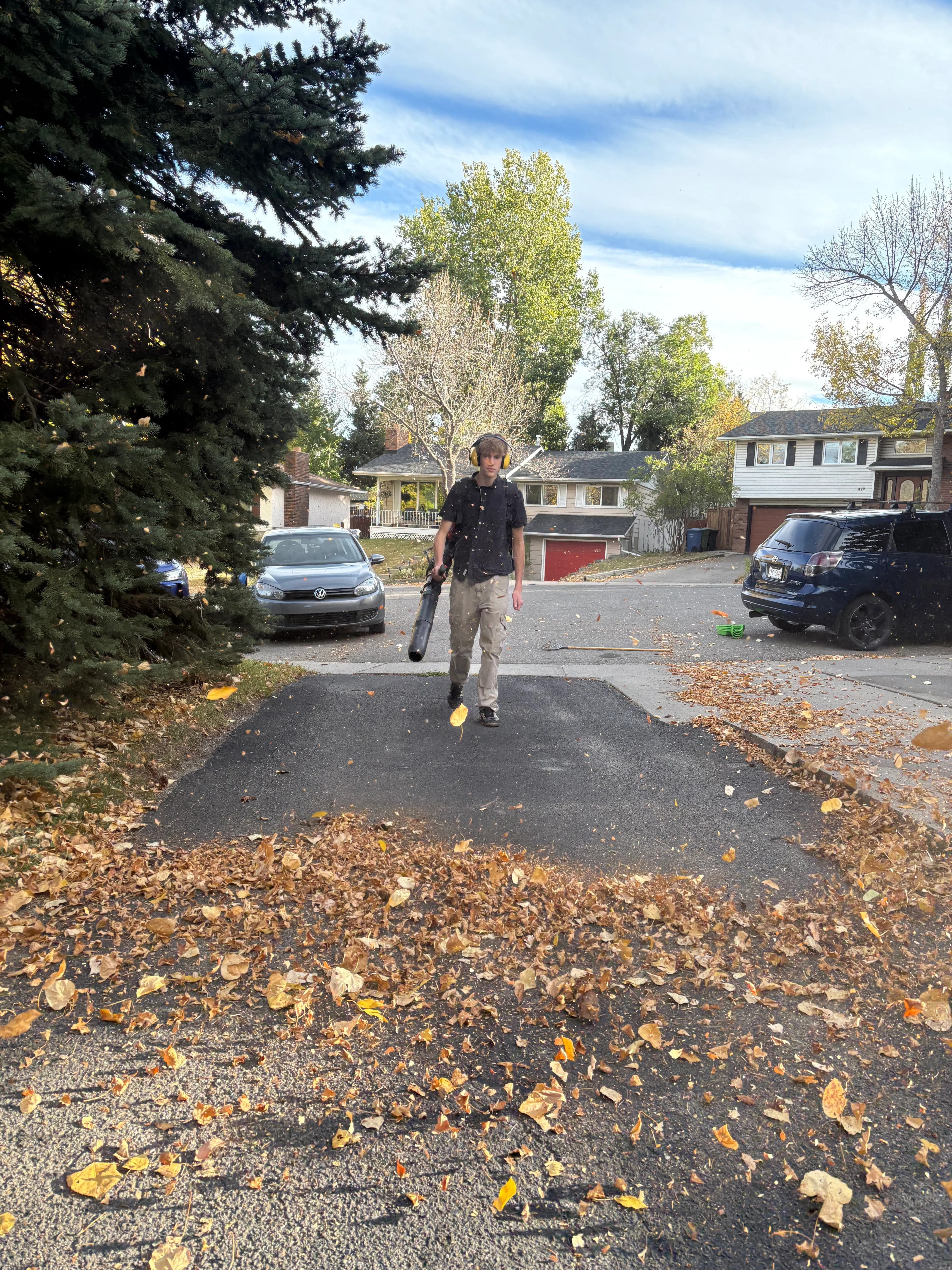 Leaf blower cleaning up fall leaves