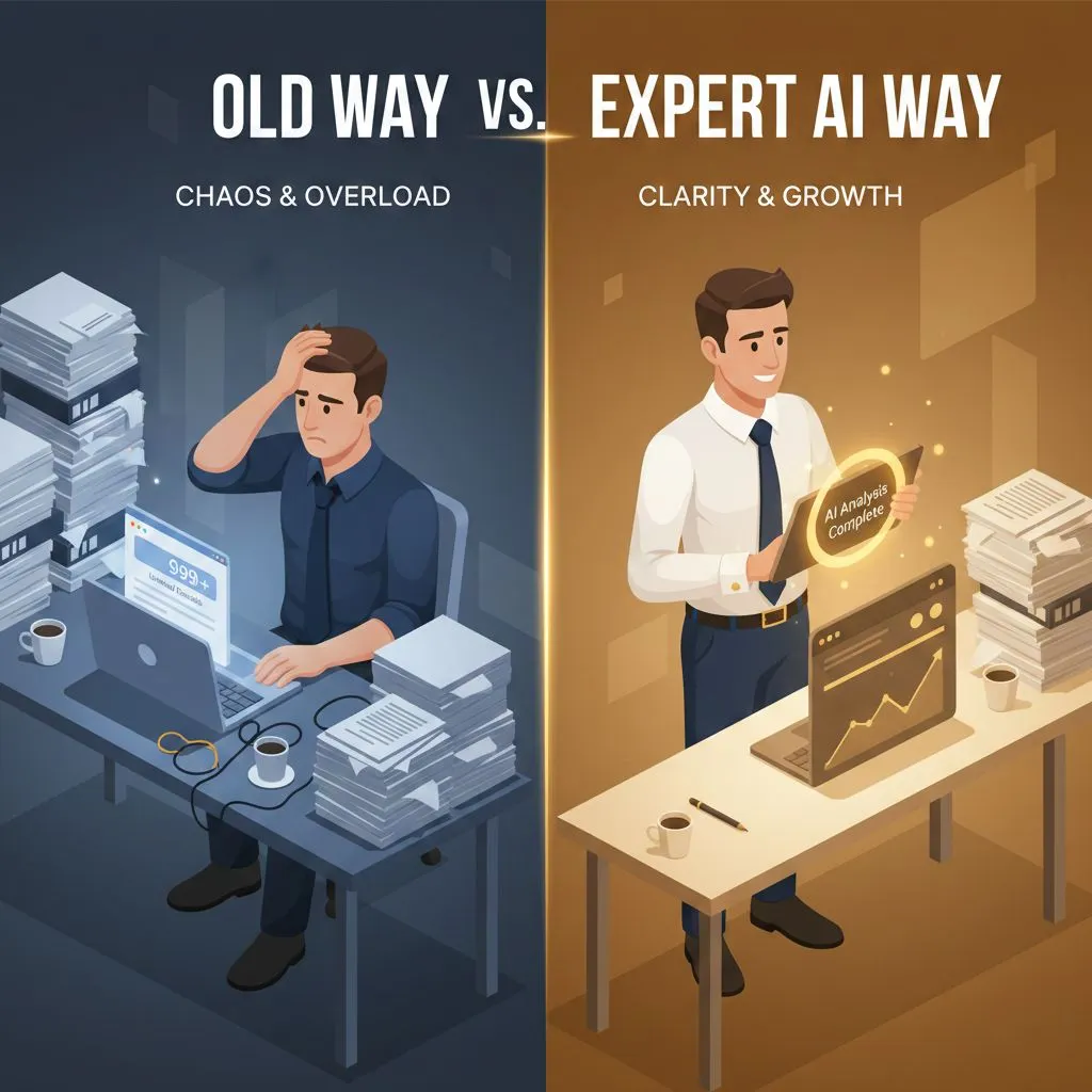 Comparison of stressed marketer doing manual work versus efficient marketer using b2b marketing ai tools.