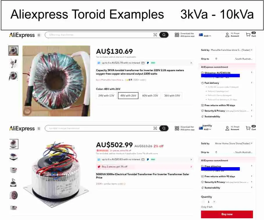 See Aliexpress prices and sizes of toroids