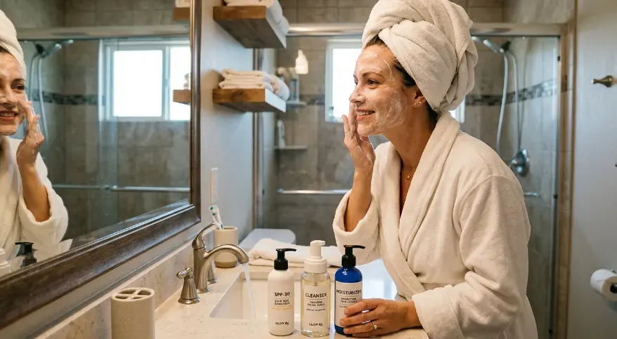 Woman in her bathroom applying skin care products.