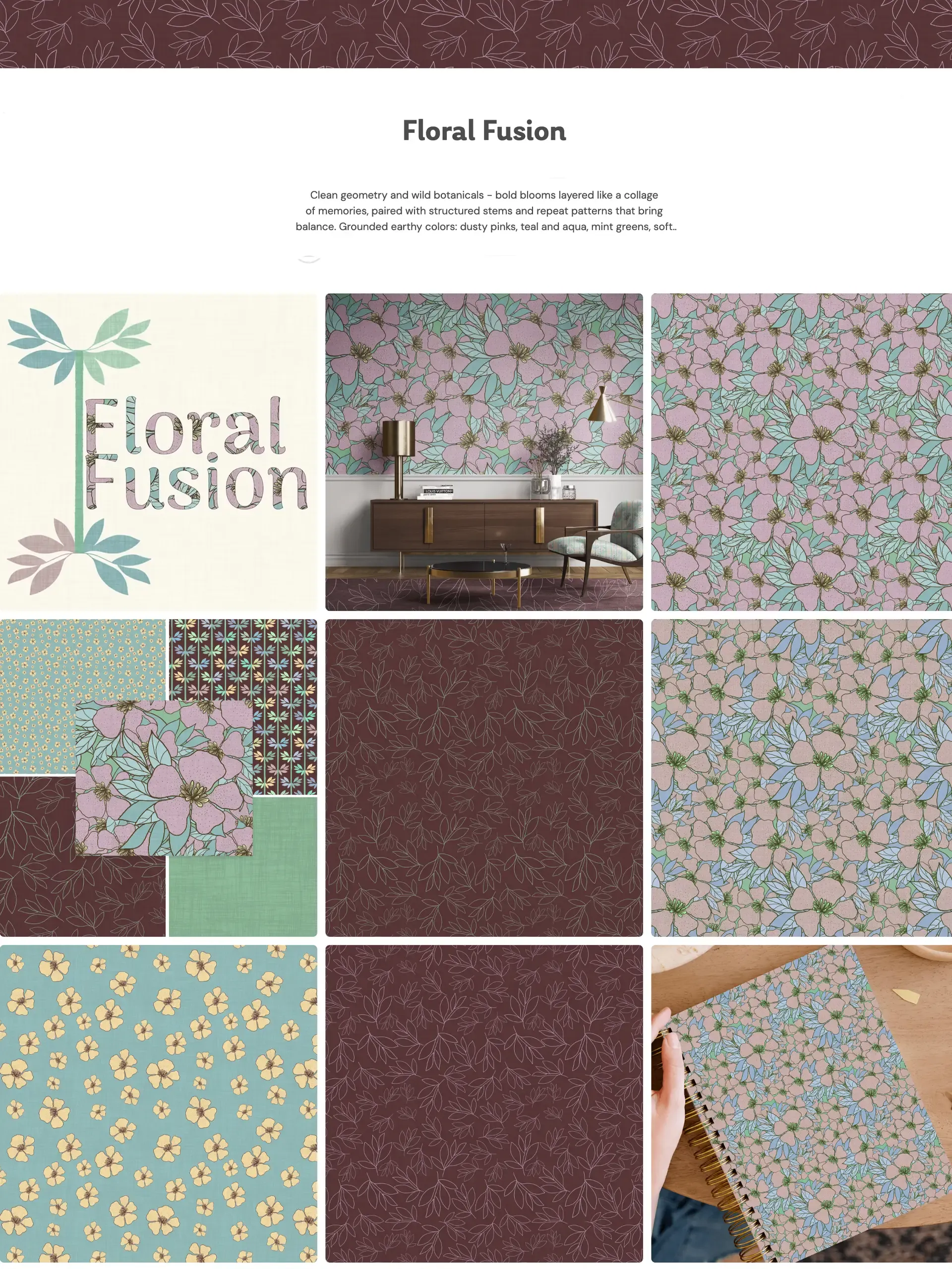 Floral Fusion collection board featuring layered floral repeat patterns and coordinating geometric prints in dusty pink, aqua, teal, mint, and deep plum, with the collection logo, wallpaper room mockup, stationery mockup, and a mix of large-scale blooms, small floral coordinates, and tonal botanical textures.